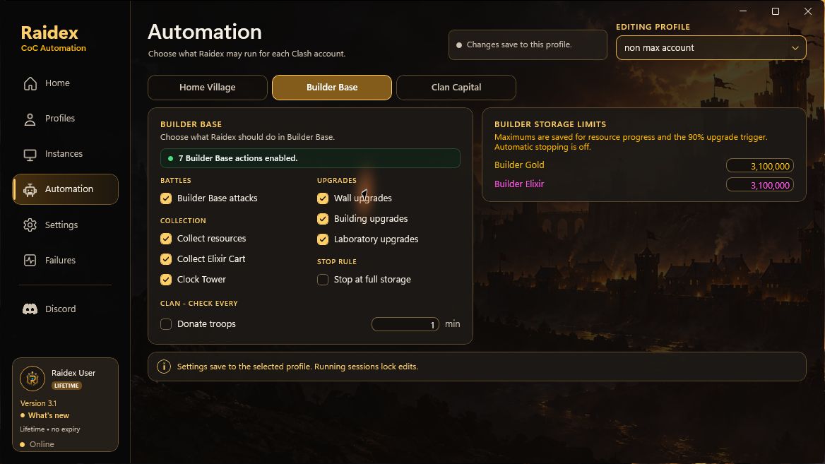 Raidex Builder Base Automation page with attacks, collection, Clock Tower, upgrade, and storage limit choices