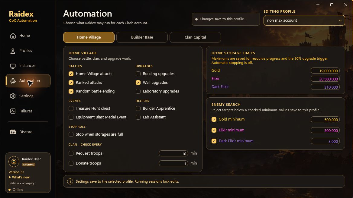 Raidex Home Village Automation page with attack, upgrade, donation, storage limit, and loot minimum choices