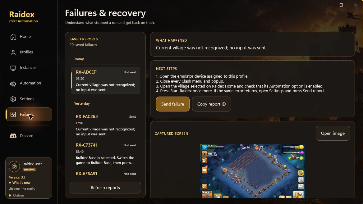 Raidex Failures and recovery page with saved reports, a stop reason, next steps, and a captured game screen