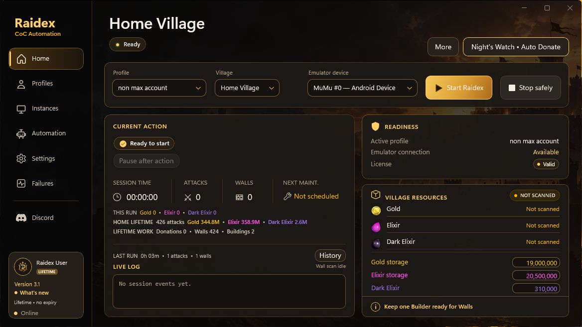 Raidex Home Village screen with profile, village, MuMu device, readiness, resources, and Start Raidex button