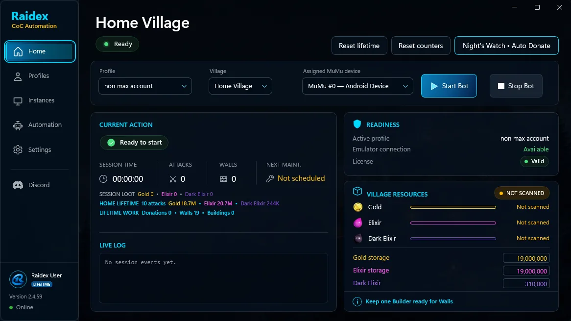 Raidex Home Village screen with profile, village, MuMu device, readiness, resources, and Start Bot button