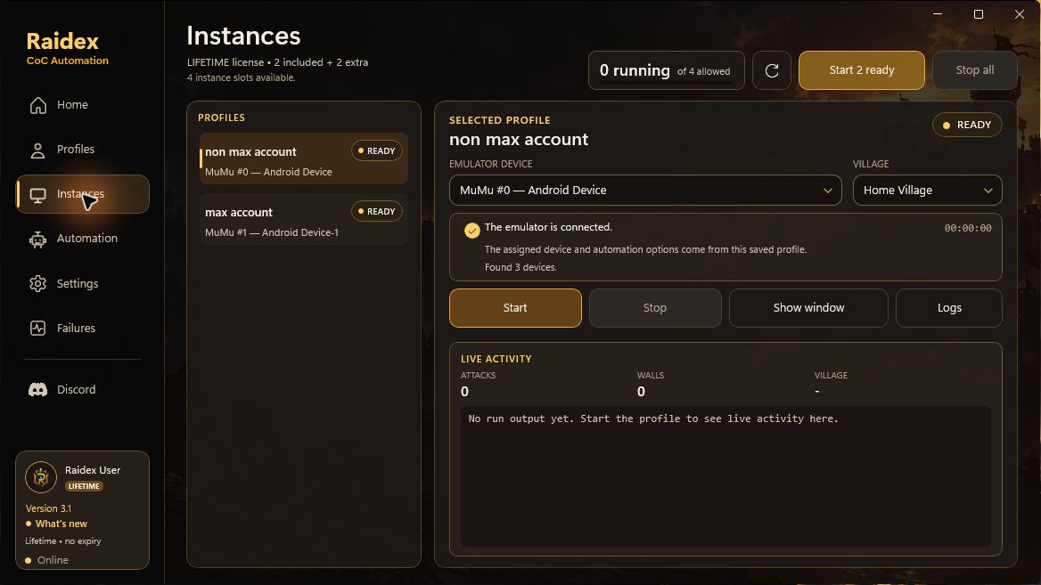 Raidex Instances screen showing two ready profiles on separate MuMu devices and four allowed slots