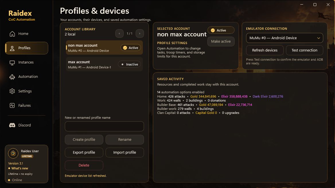 Raidex Profiles and devices screen with two local profiles and their assigned MuMu devices